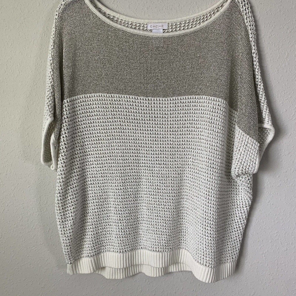 Cache Metallic Knit Short Sleeve Sweater